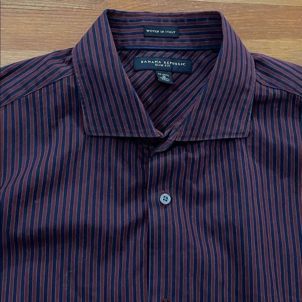 Banana Republic Maroon Red Striped Slim Fit Button Up Shirt Mens Size M 15-15.5